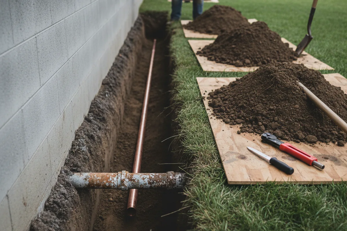Excavated water line trench during Sewer Line Repair in Essington
